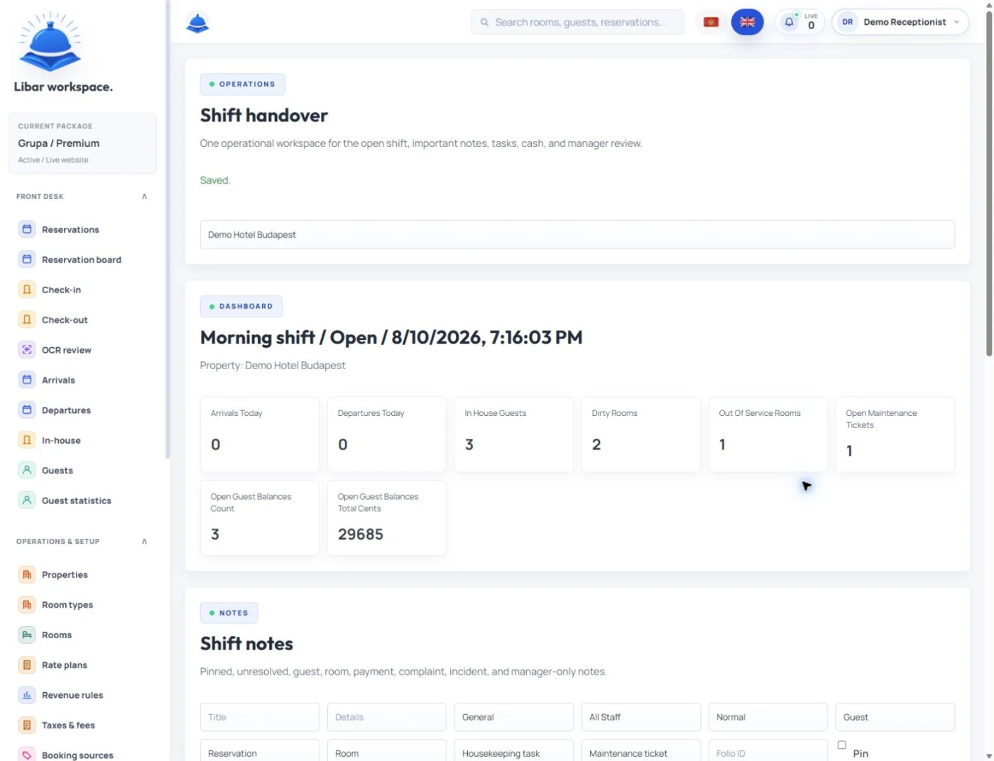 Libar shift handover dashboard with in-house guests, room status, maintenance tasks, and shift notes.