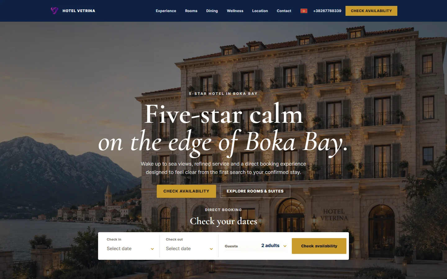 Vetrina hotel website with availability search and direct booking form