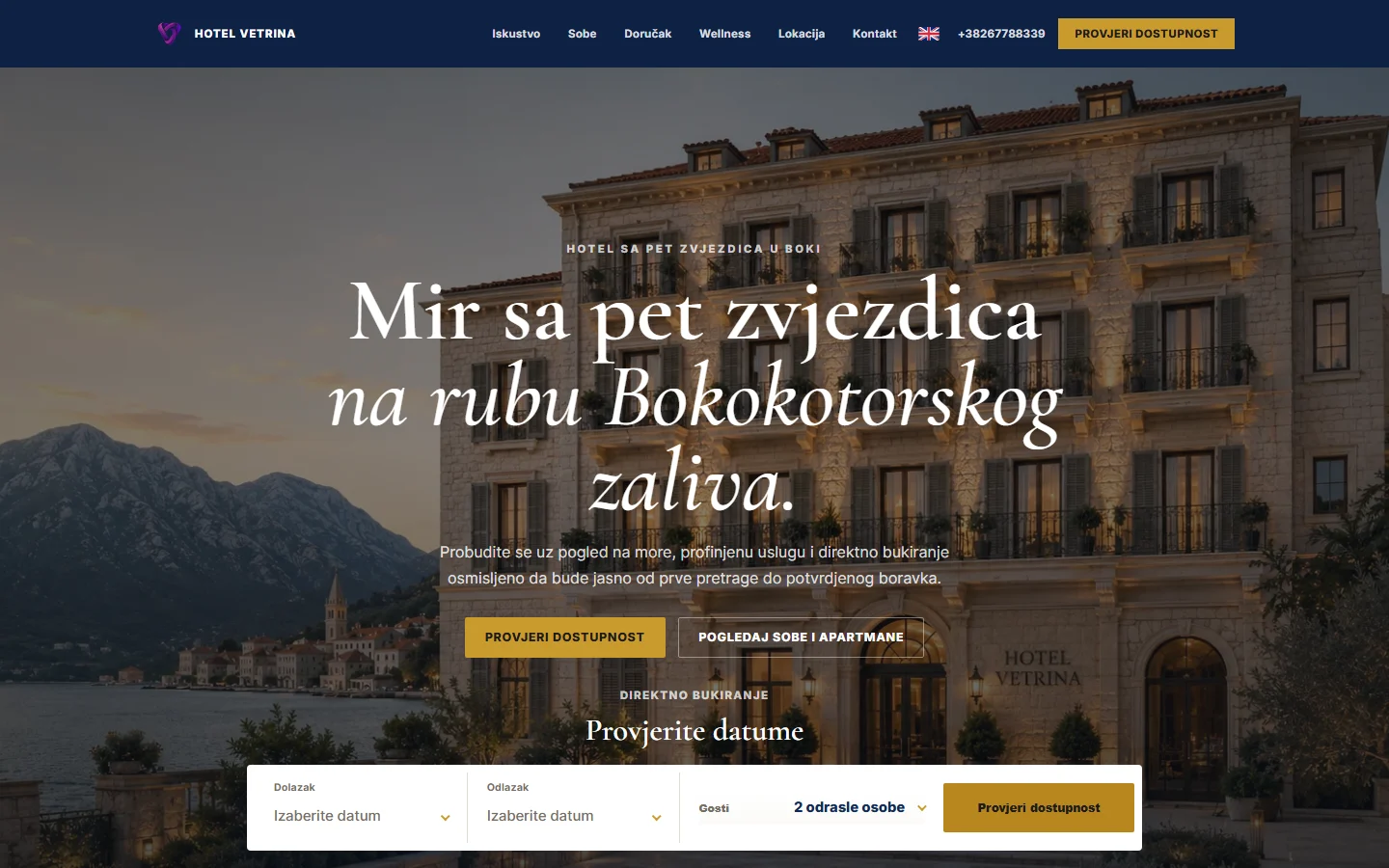 Vetrina hotelski sajt sa obrascem za provjeru dostupnosti i direktnu rezervaciju